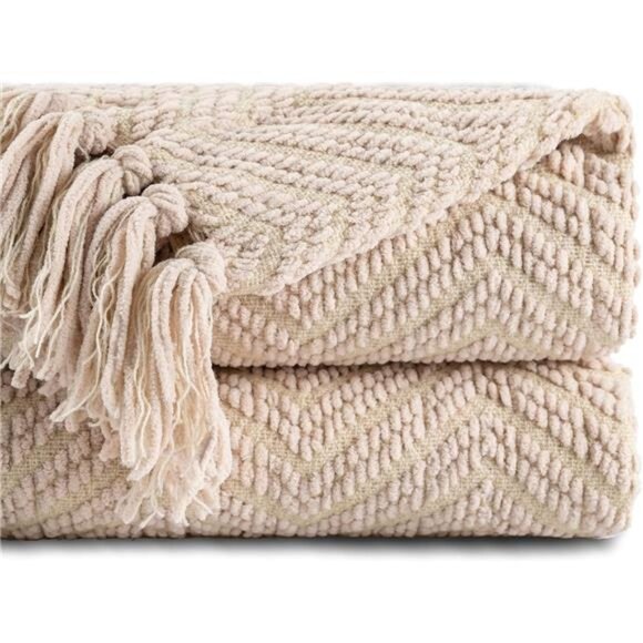 HOME Beige Throw Blanket for Couch, Knitted Beige Blanket, Neutral Throw Blanket